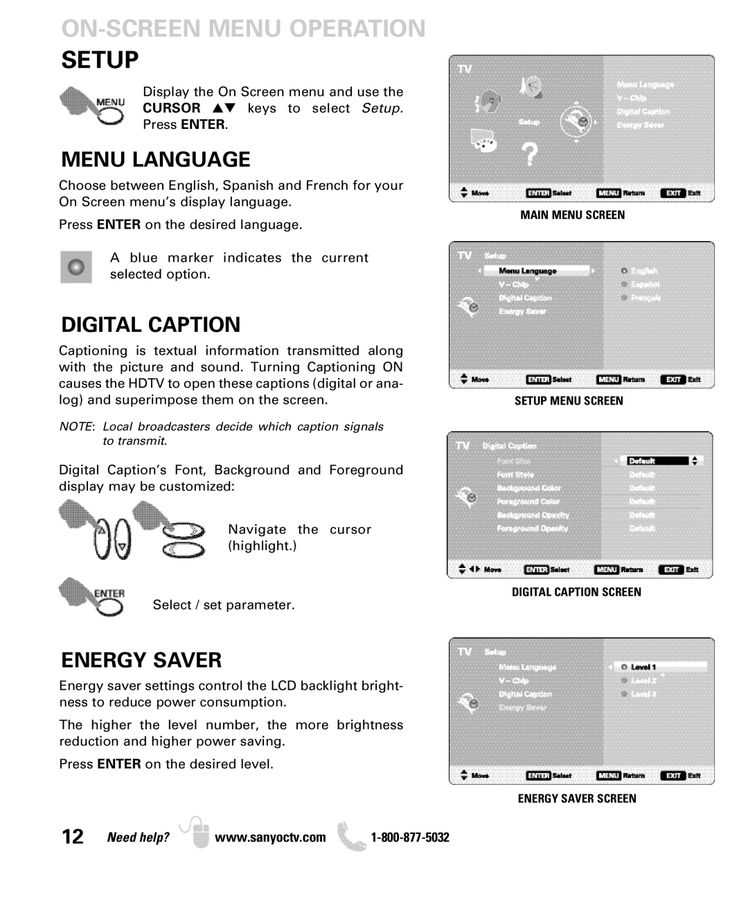 Sanyo DP26649, DP19649 owner manual ON-SCREEN Menu Operation Setup, Menu Language, Digital Caption, Energy Saver 