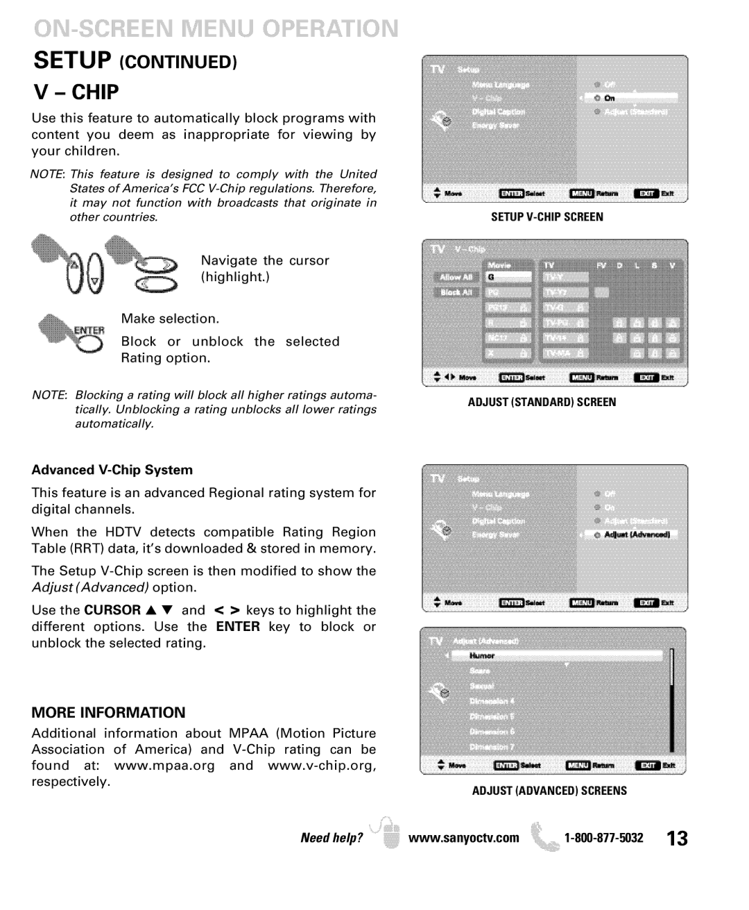 Sanyo DP19649, DP26649 owner manual ON-SCREEN Menu Operation, Setup, Advanced V-Chip System 