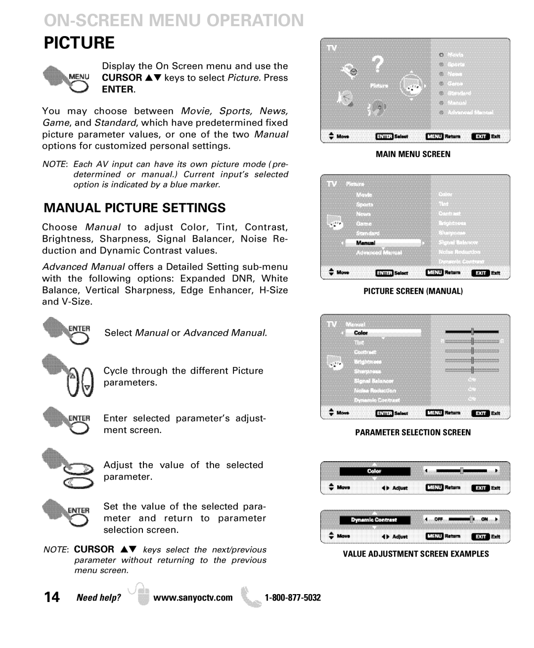 Sanyo DP26649, DP19649 owner manual ON-SCREEN Menu Operation Picture, Manual Picture Settings, Enter 