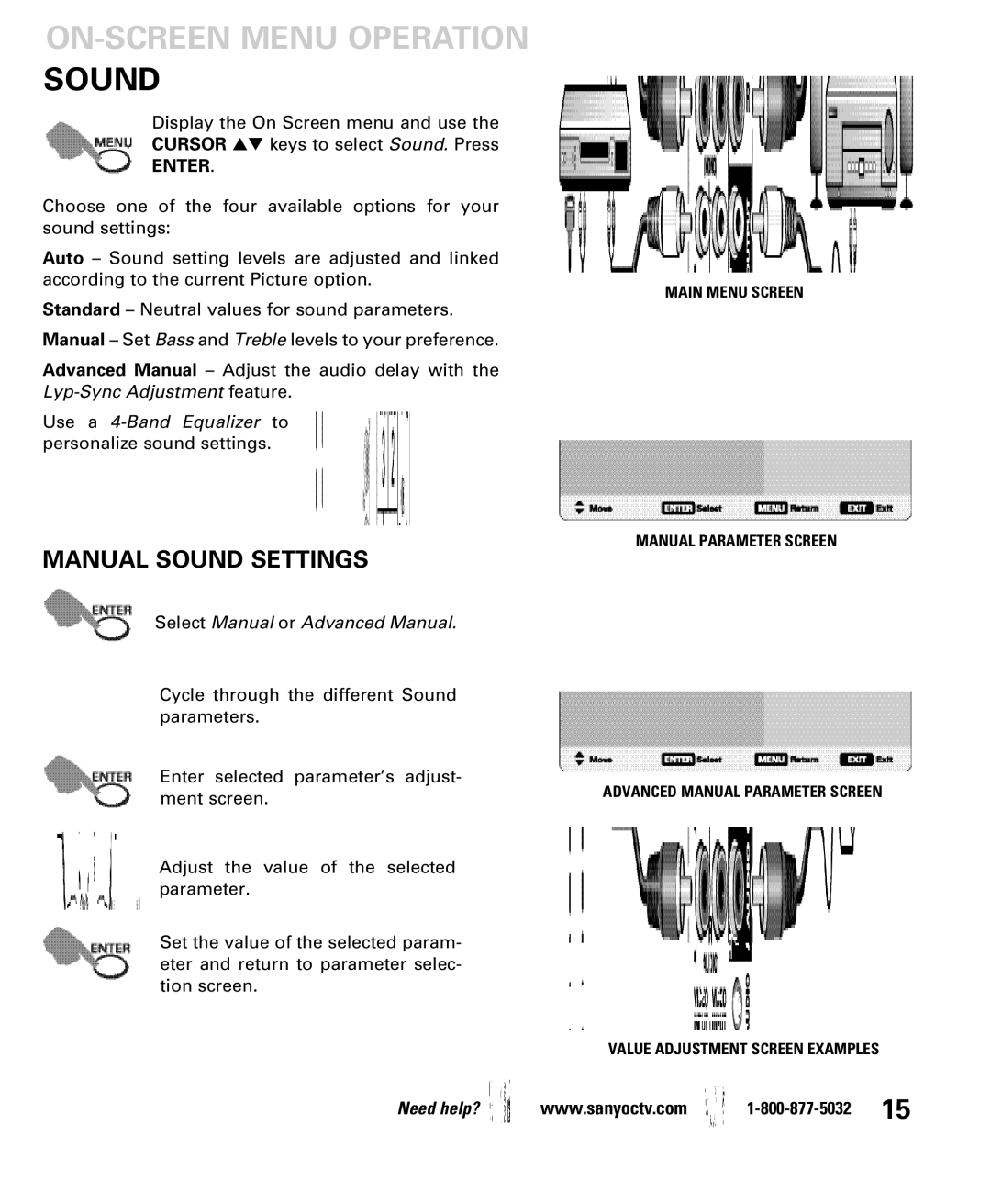 Sanyo DP19649, DP26649 owner manual ON-SCREEN Menu Operation Sound, Manual Sound Settings, Value Adjustment Screen Examples 