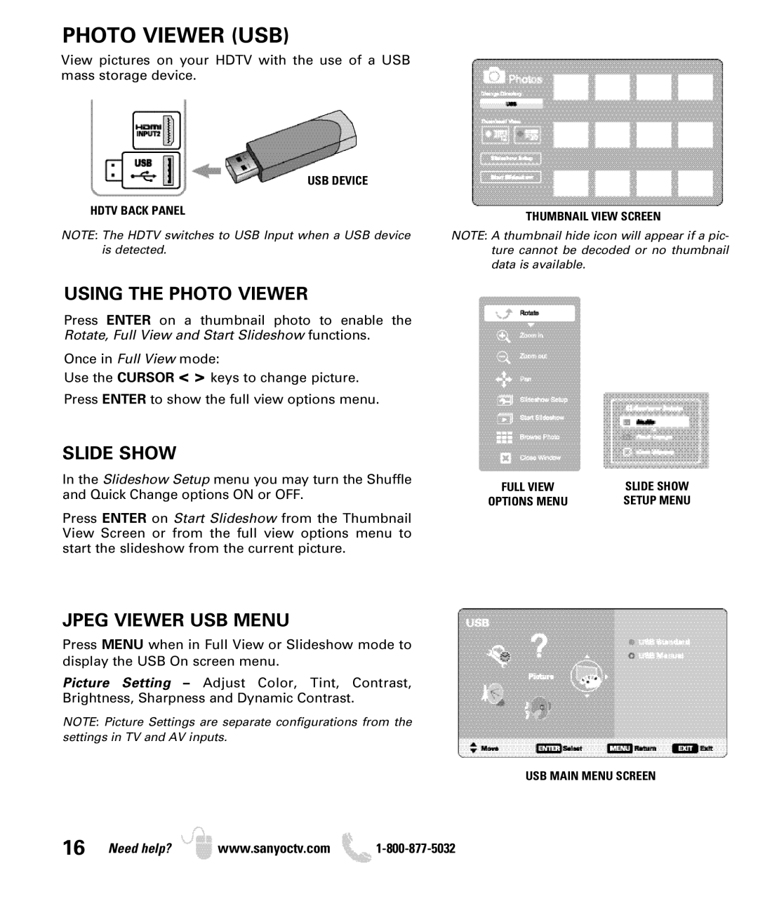 Sanyo DP26649, DP19649 owner manual Photo Viewer USB, Using the Photo Viewer, Slide Show, Jpeg Viewer USB Menu 