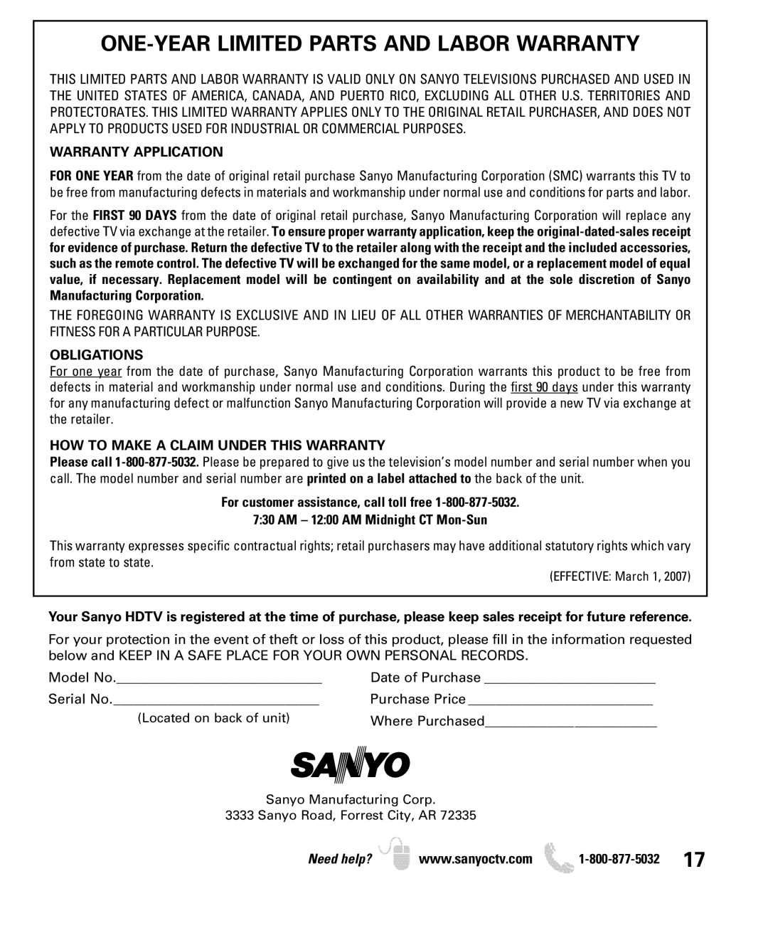 Sanyo DP19649, DP26649 owner manual ONE-YEAR Limited Parts and Labor Warranty, Warranty Application, Obligations 