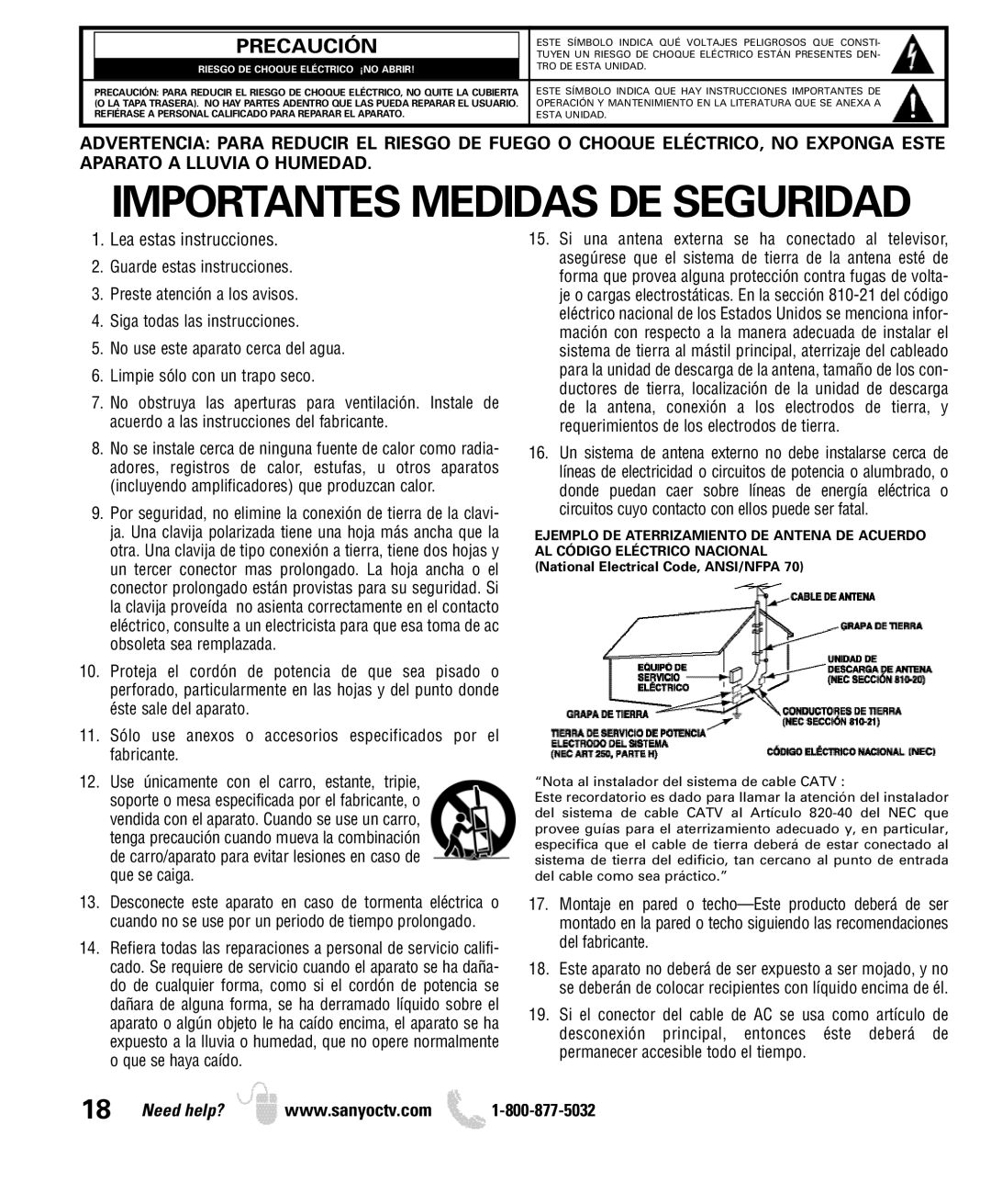 Sanyo DP26649, DP19649 owner manual Importantes Medidas DE Seguridad 