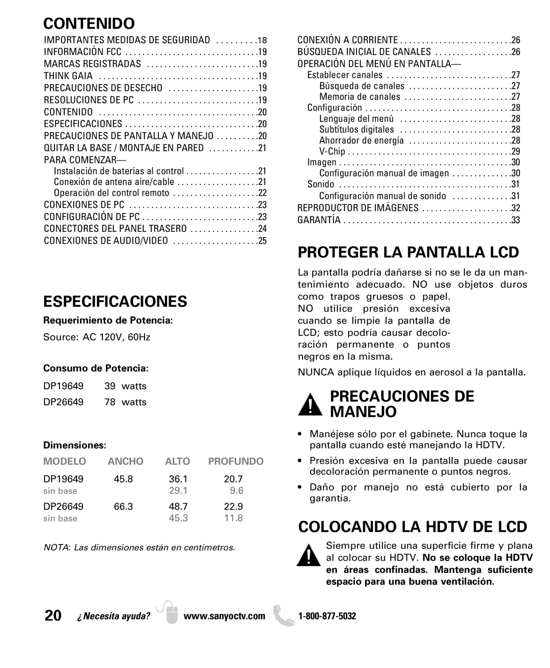 Sanyo DP26649 Contenido, Especificaciones, Proteger LA Pantalla LCD, Precauciones DE Manejo, Colocando LA Hdtv DE LCD 