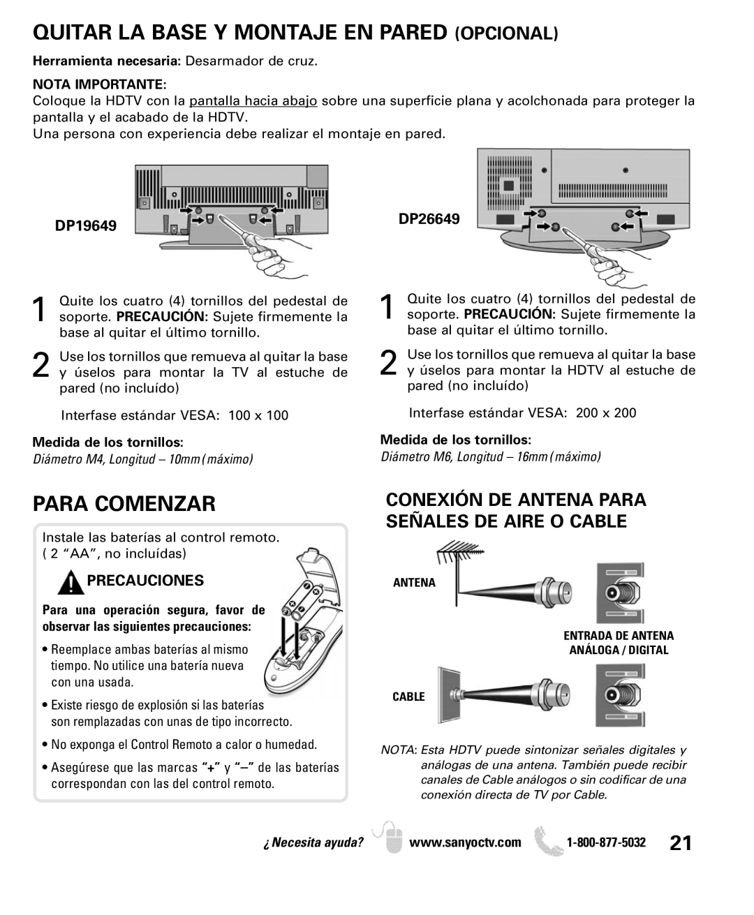 Sanyo DP19649 Quitar LA Base Y Montaje EN Pared Opcional, Para Comenzar, Conexión DE Antena Para Señales DE Aire O Cable 