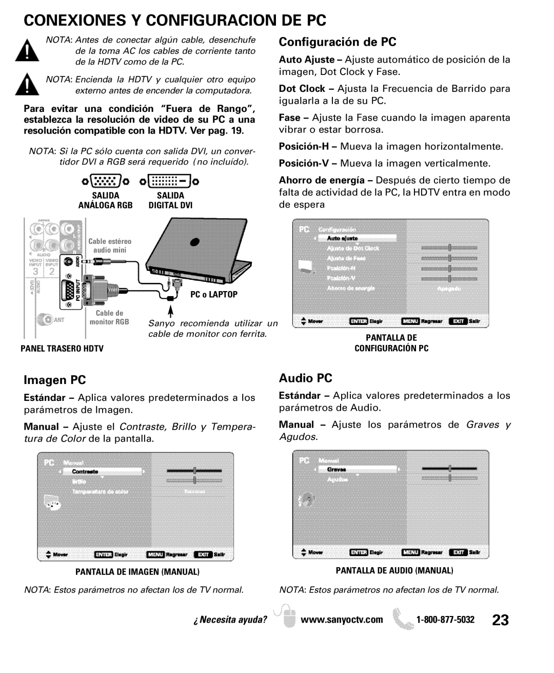 Sanyo DP19649, DP26649 Conexiones Y Configuracion DE PC, Salida Salida Análoga RGB Digital DVI, Pantalla DE Imagen Manual 