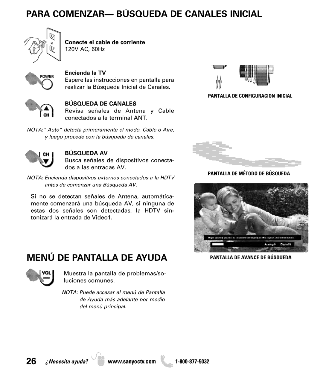 Sanyo DP26649, DP19649 owner manual Para COMENZAR- Búsqueda DE Canales Inicial, Menú DE Pantalla DE Ayuda, Búsqueda AV 