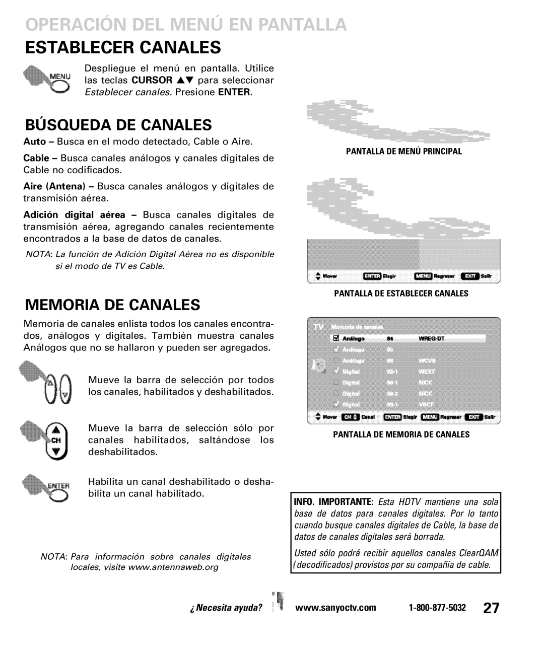 Sanyo DP19649, DP26649 Operación DEL Menú EN Pantalla, Establecer Canales, Búsqueda DE Canales, Memoria DE Canales 