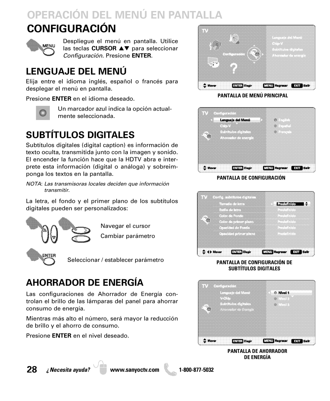 Sanyo DP26649, DP19649 owner manual Configuración, Lenguaje DEL Menú, Subtítulos Digitales, Ahorrador DE Energía 