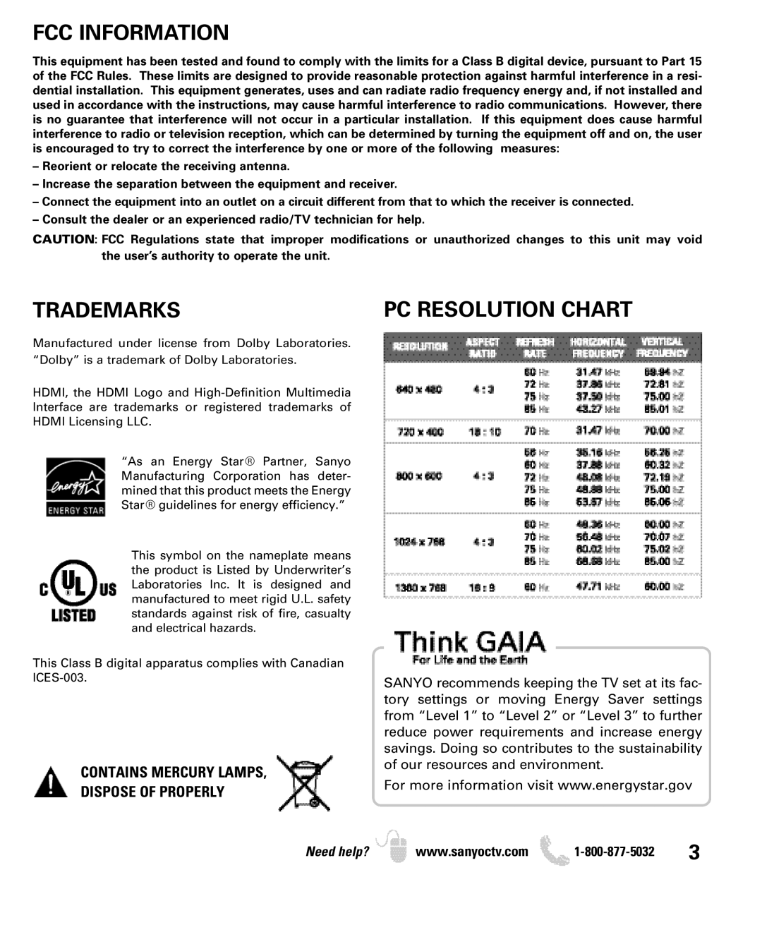 Sanyo DP19649, DP26649 owner manual FCC Information, Trademarks, PC Resolution Chart 