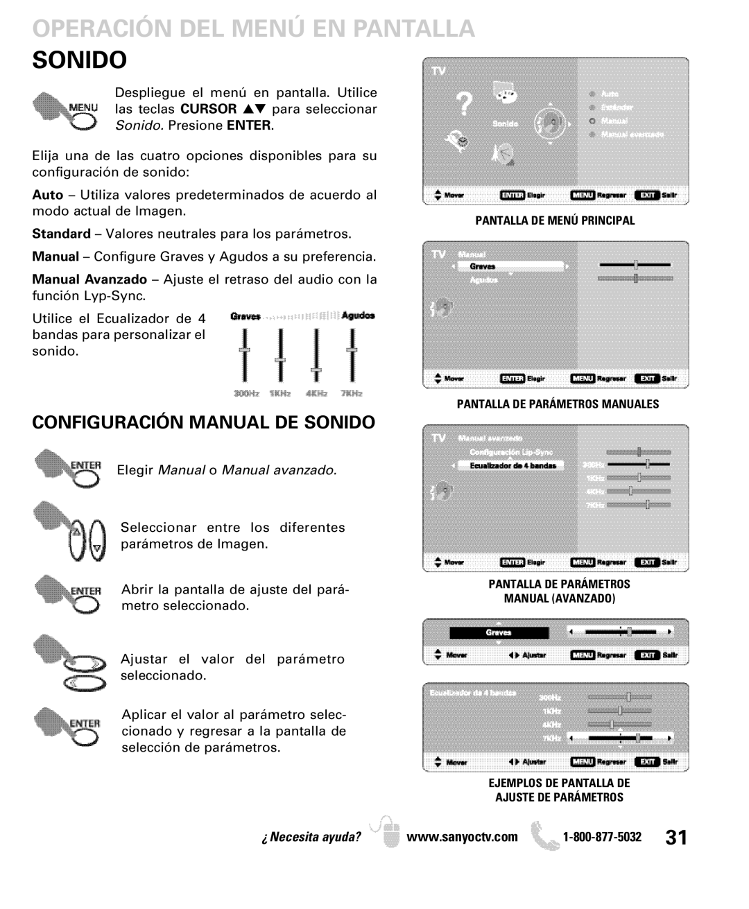 Sanyo DP19649 Configuración Manual DE Sonido, Pantalla DE Parámetros Manuales, Pantalla DE Parámetros Manual Avanzado 