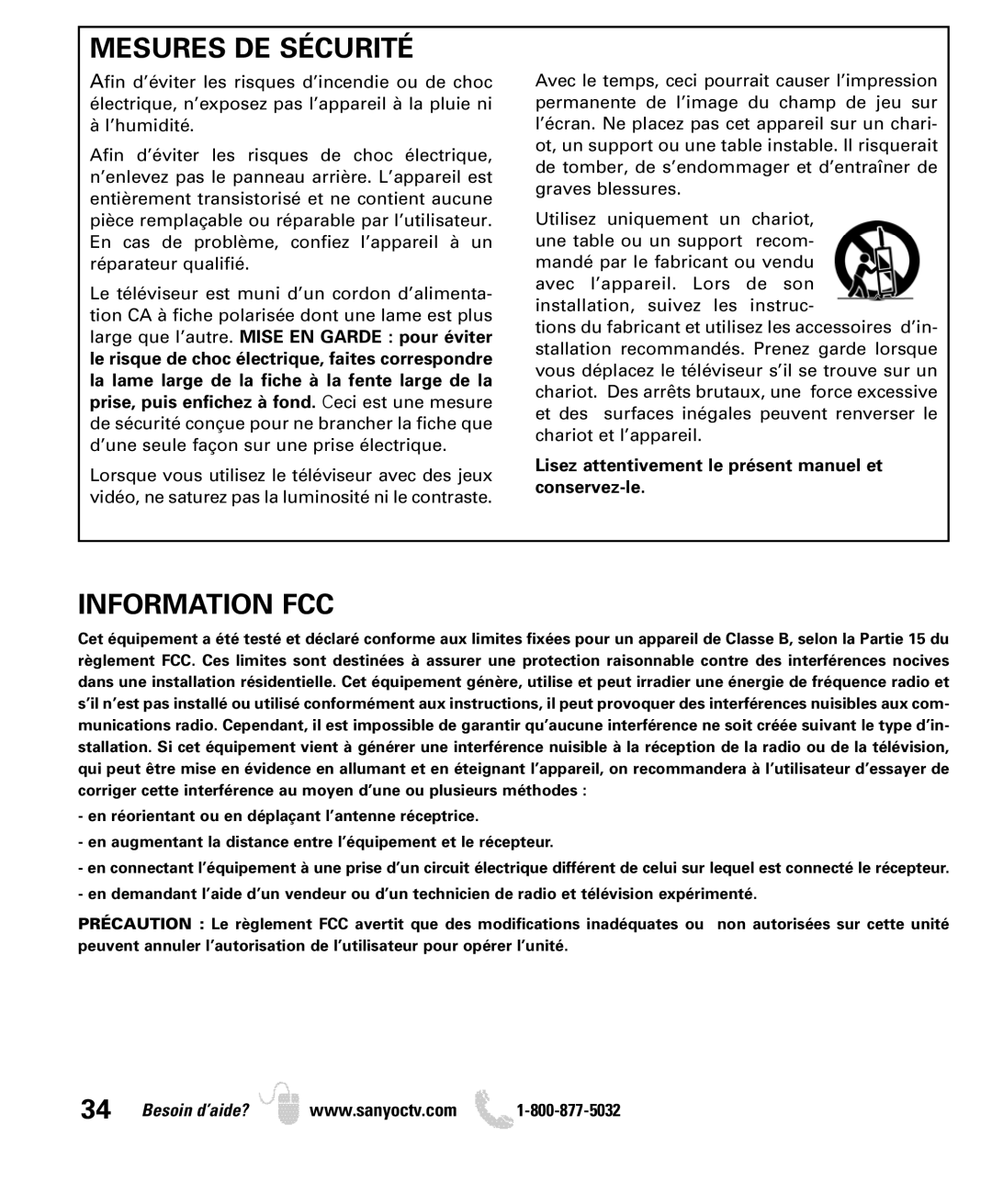 Sanyo DP26649, DP19649 owner manual Mesures DE Sécurité, Information FCC 