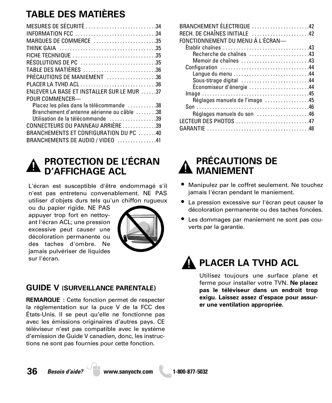 Sanyo DP26649, DP19649 owner manual Table DES Matières, Précautions DE Maniement, Placer LA Tvhd ACL 