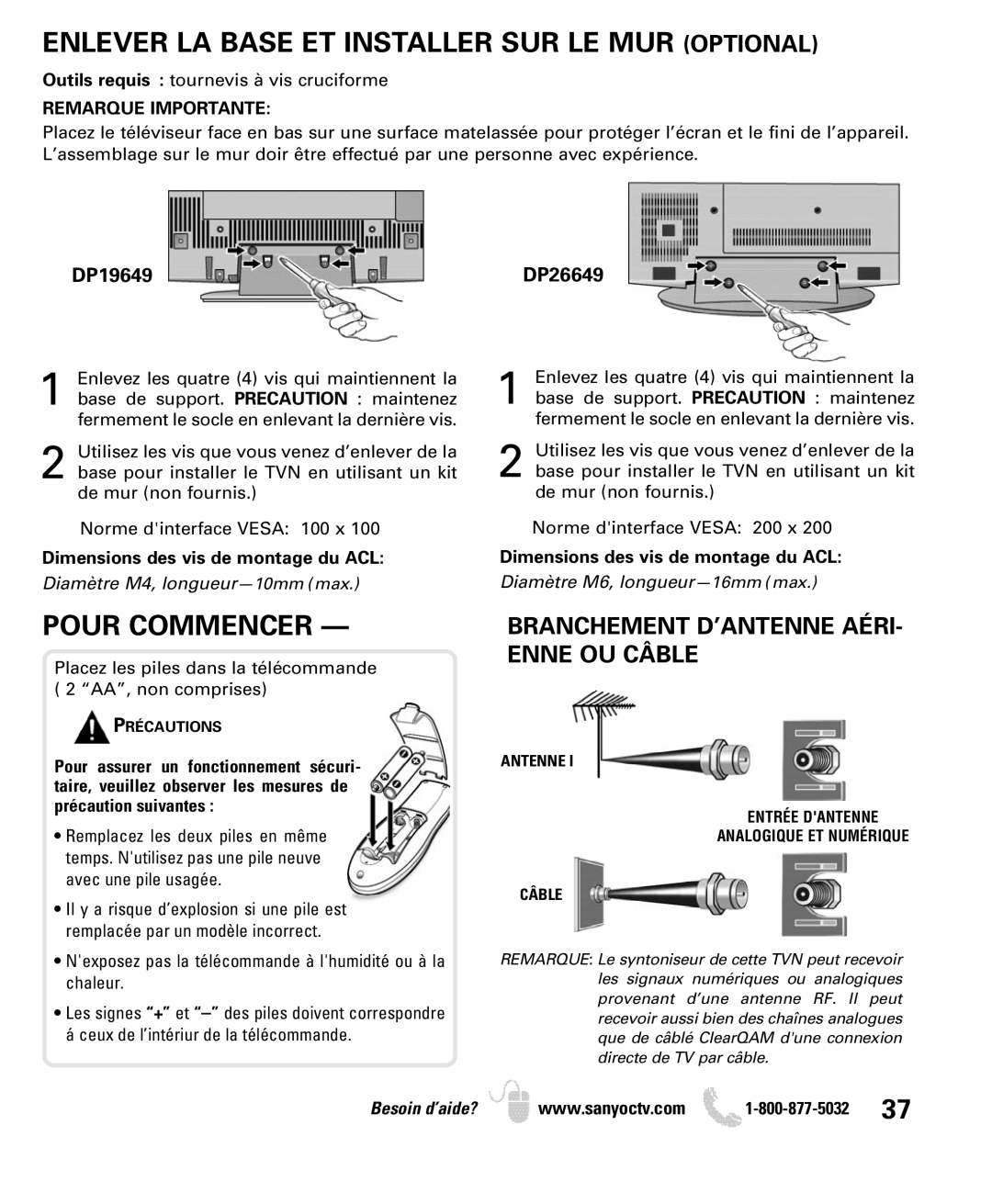 Sanyo DP19649 Enlever LA Base ET Installer SUR LE MUR Optional, Pour Commencer, Branchement D’ANTENNE AÉRI- Enne OU Câble 