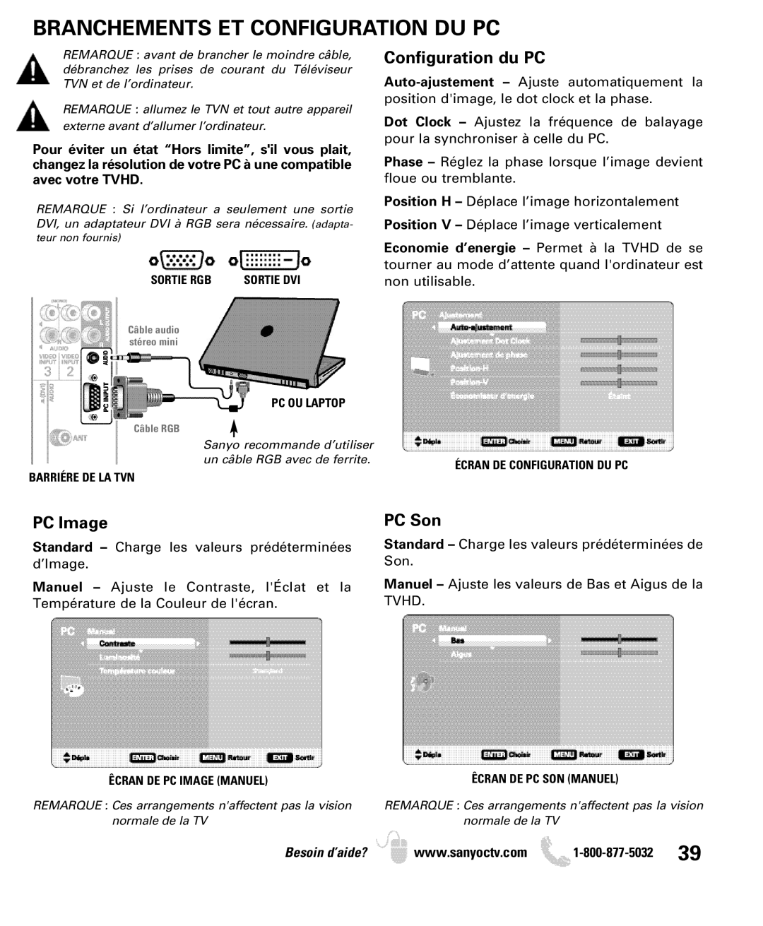 Sanyo DP19649, DP26649 owner manual Branchements ET Configuration DU PC, Sortie RGB, PC OU Laptop, Barriére DE LA TVN 