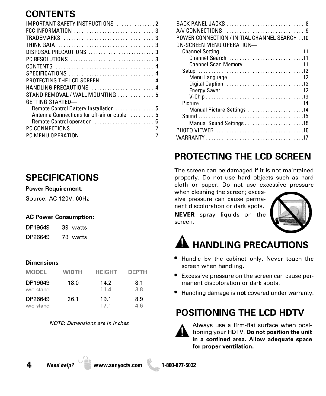 Sanyo DP26649, DP19649 Contents, Specifications, Protecting the LCD Screen, Handling Precautions, Positioning the LCD Hdtv 