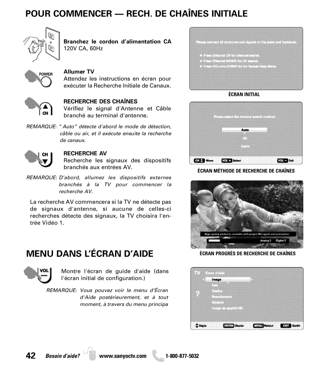 Sanyo DP26649 Pour Commencer RECH. DE Chaînes Initiale, Menu Dans L’ÉCRAN D’AIDE, Recherche DES Chaînes, Recherche AV 