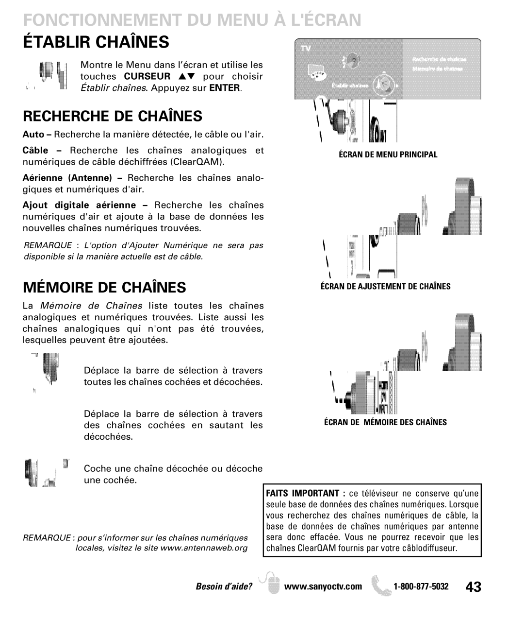 Sanyo DP19649, DP26649 Fonctionnement DU Menu À Lécran Établir Chaînes, Recherche DE Chaînes, Mémoire DE Chaînes 