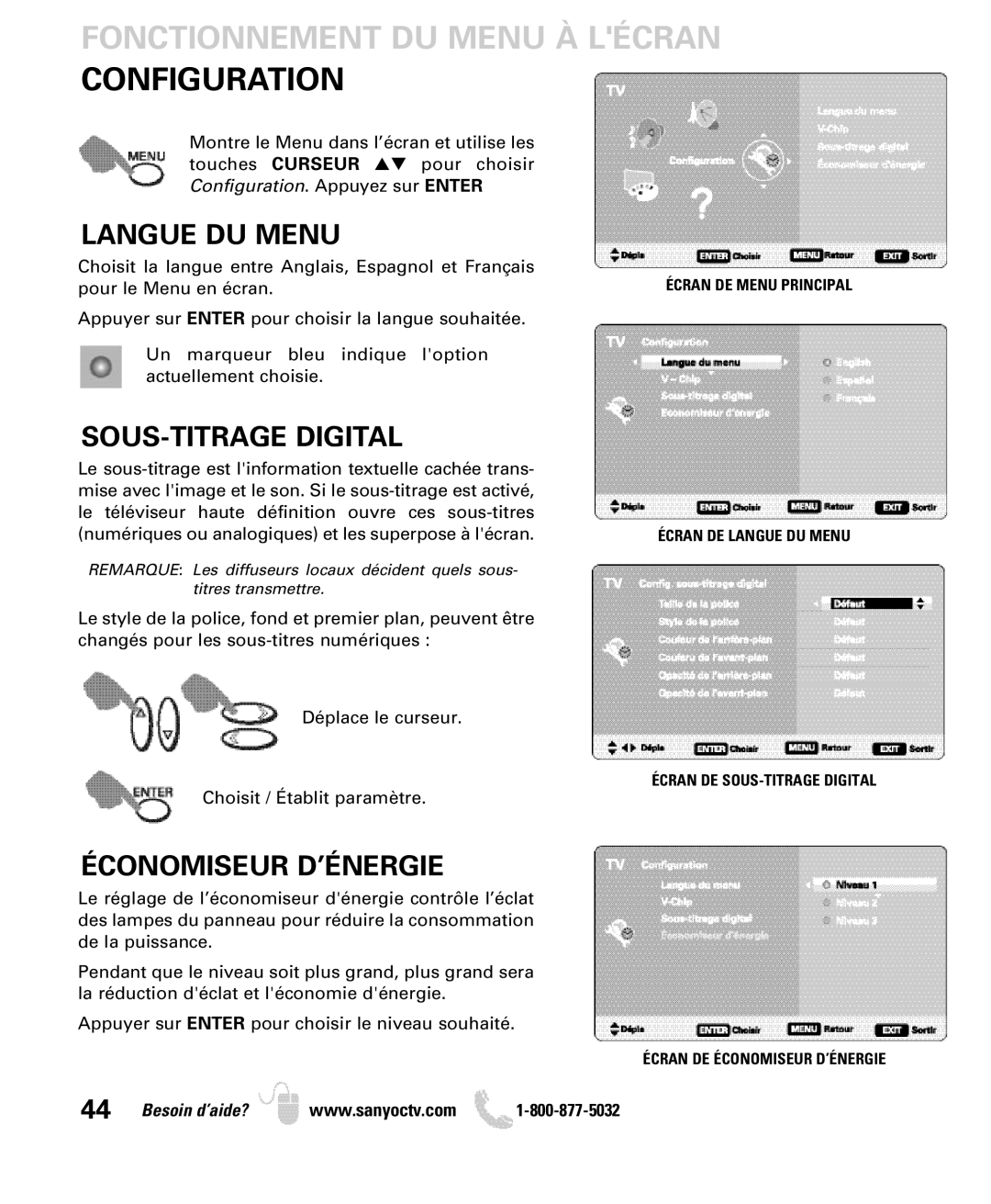 Sanyo DP26649 Fonctionnement DU Menu À Lécran, Configuration, Langue DU Menu, SOUS-TITRAGE Digital, Économiseur D’ÉNERGIE 