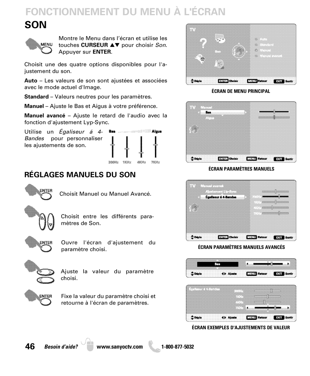 Sanyo DP26649, DP19649 owner manual Fonctionnement DU Menu À Lécran SON, Réglages Manuels DU SON, Écran DE Menu Principal 