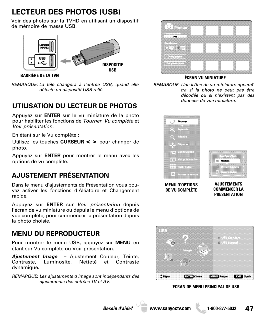 Sanyo DP19649 Lecteur DES Photos USB, Utilisation DU Lecteur DE Photos, Ajustement Présentation, Menu DU Reproducteur 