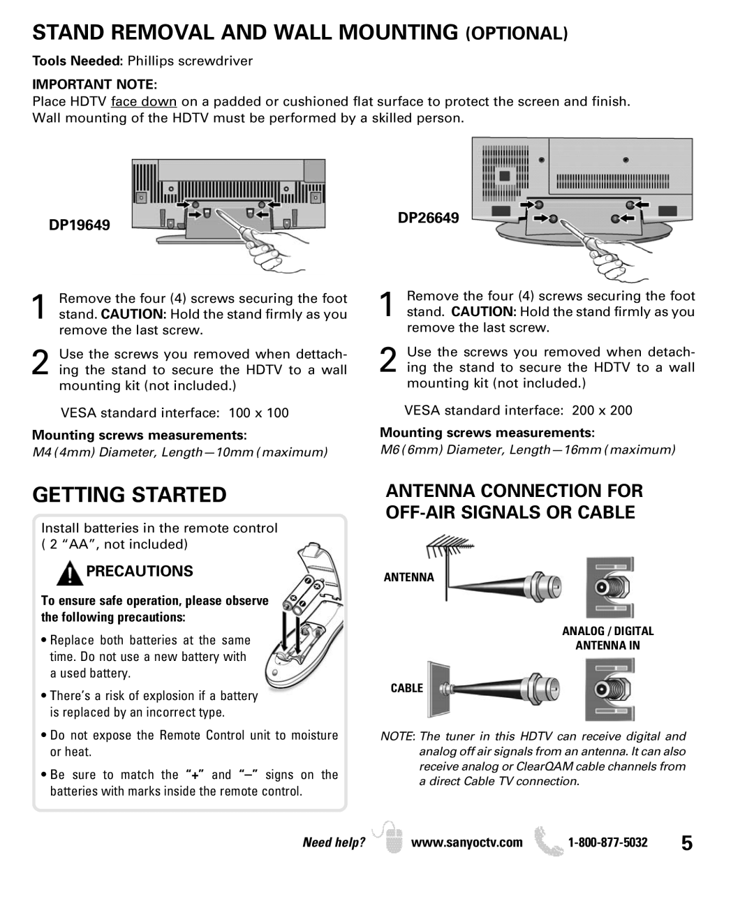 Sanyo DP19649 Stand Removal and Wall Mounting Optional, Getting Started, Antenna Connection for OFF-AIR Signals or Cable 