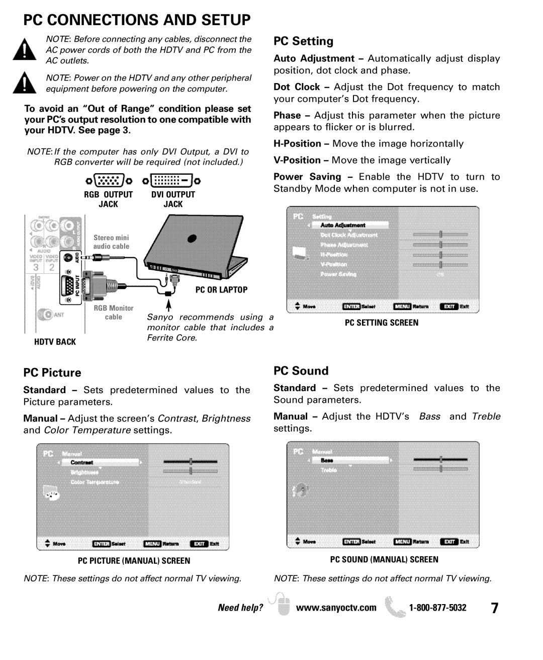 Sanyo DP19649 PC Connections and Setup, RGB Output DVI Output Jackjack, PC Picture Manual Screen PC Sound Manual Screen 