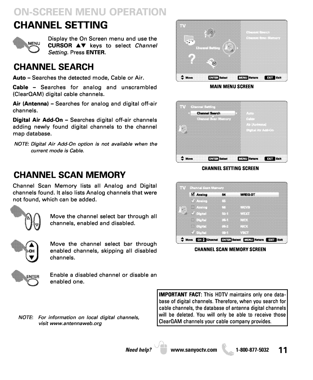 Sanyo DP19649, DP26649 On-Screen Menu Operation Channel Setting, Channel Search, Channel Scan Memory, Setting. Press ENTER 