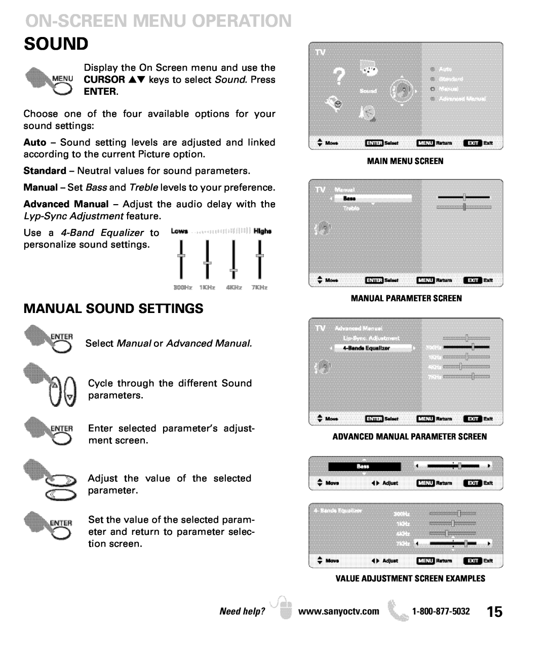 Sanyo DP19649 On-Screen Menu Operation Sound, Manual Sound Settings, Use a 4-Band Equalizer to personalize sound settings 