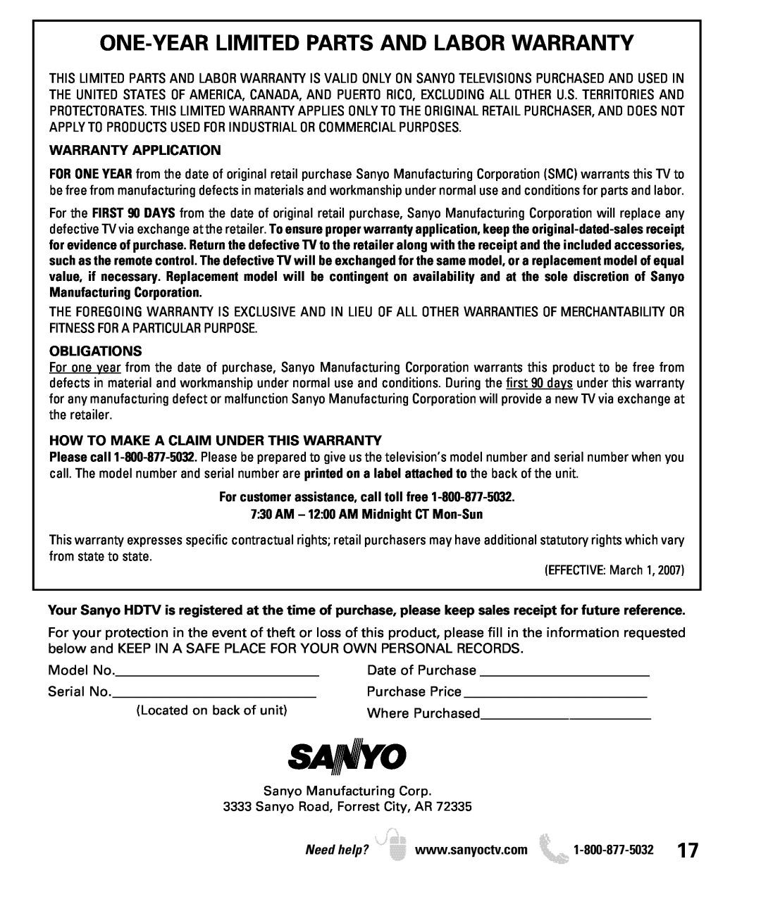 Sanyo DP19649, DP26649 owner manual One-Year Limited Parts And Labor Warranty, Warranty Application, Obligations 