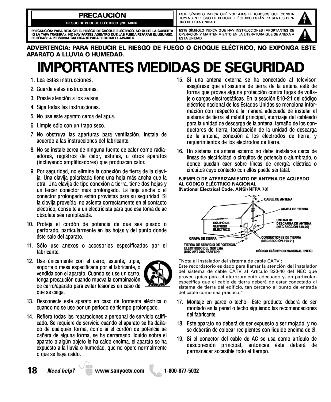 Sanyo DP26649, DP19649 owner manual Precaución, Importantes Medidas De Seguridad, Lea estas instrucciones 