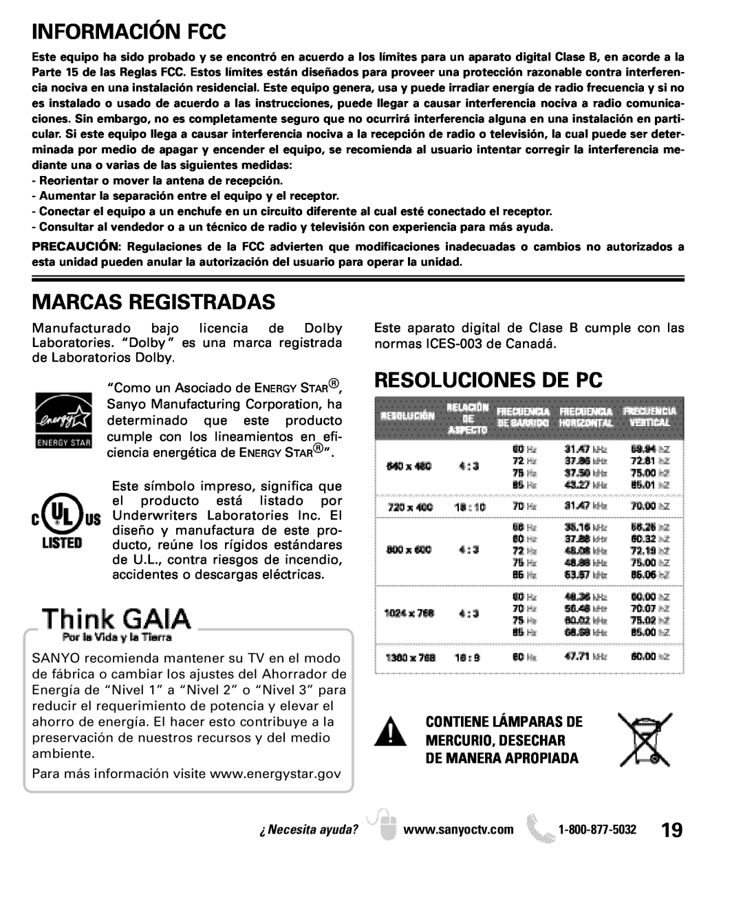 Sanyo DP19649, DP26649 owner manual Información Fcc, Marcas Registradas, Resoluciones De Pc, ¿Necesita ayuda? 