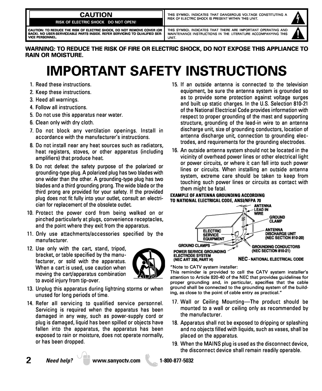Sanyo DP26649, DP19649 owner manual Need help?, Important Safety Instructions 