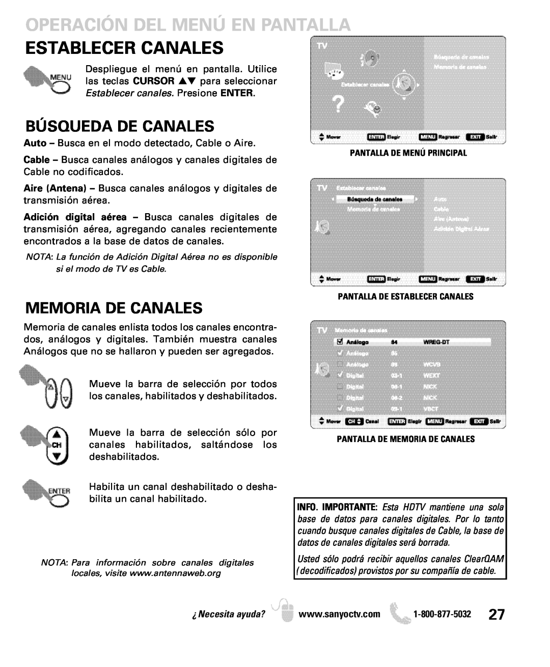 Sanyo DP19649, DP26649 Operación Del Menú En Pantalla, Establecer Canales, Búsqueda De Canales, Memoria De Canales 