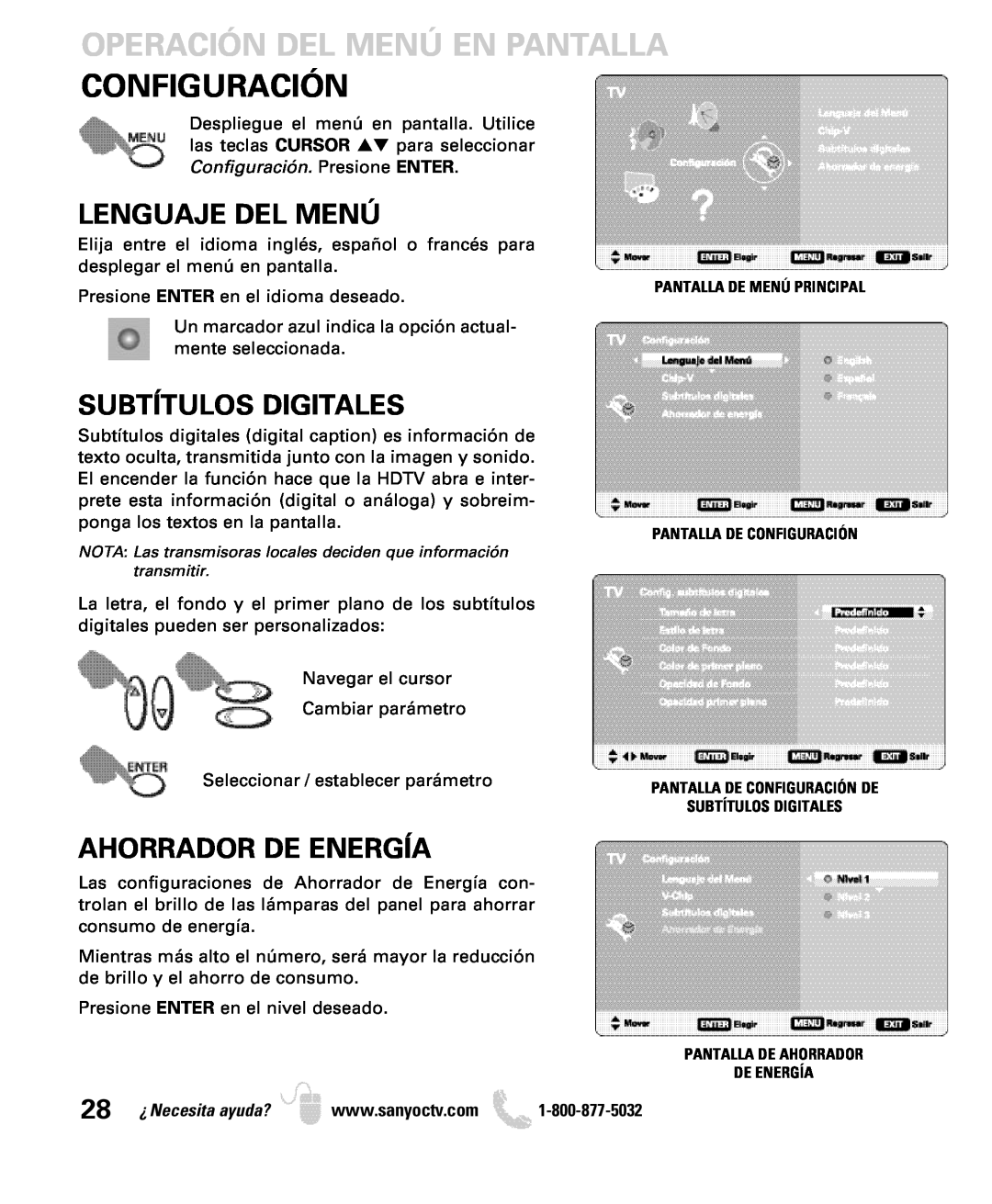 Sanyo DP26649 Configuración, Lenguaje Del Menú, Subtítulos Digitales, Ahorrador De Energía, Operación Del Menú En Pantalla 