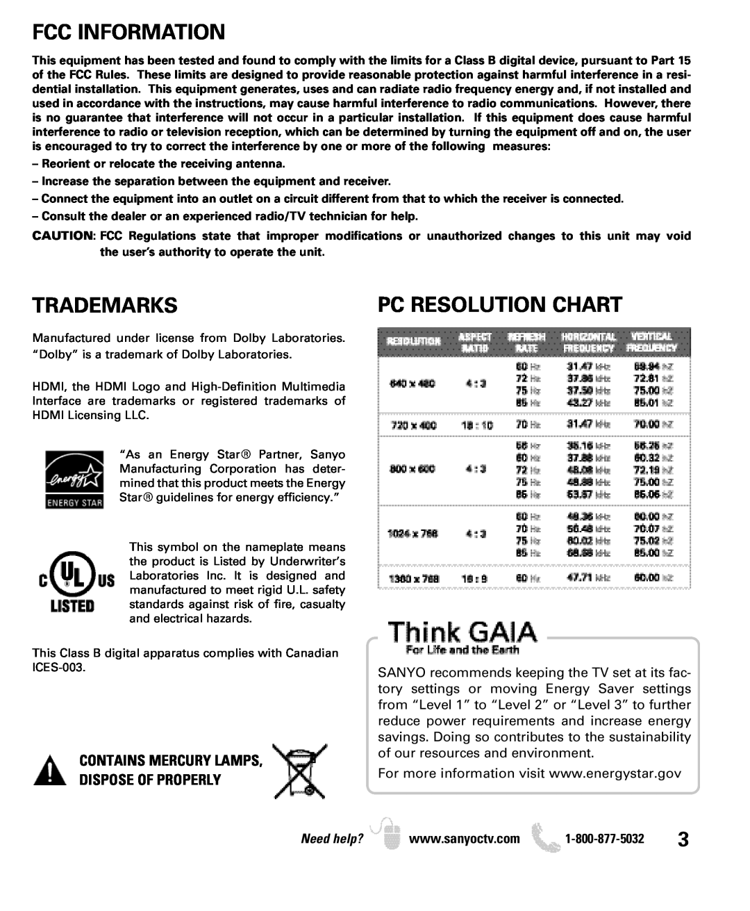Sanyo DP19649, DP26649 Fcc Information, Trademarks, Pc Resolution Chart, Contains Mercury Lamps Dispose Of Properly 