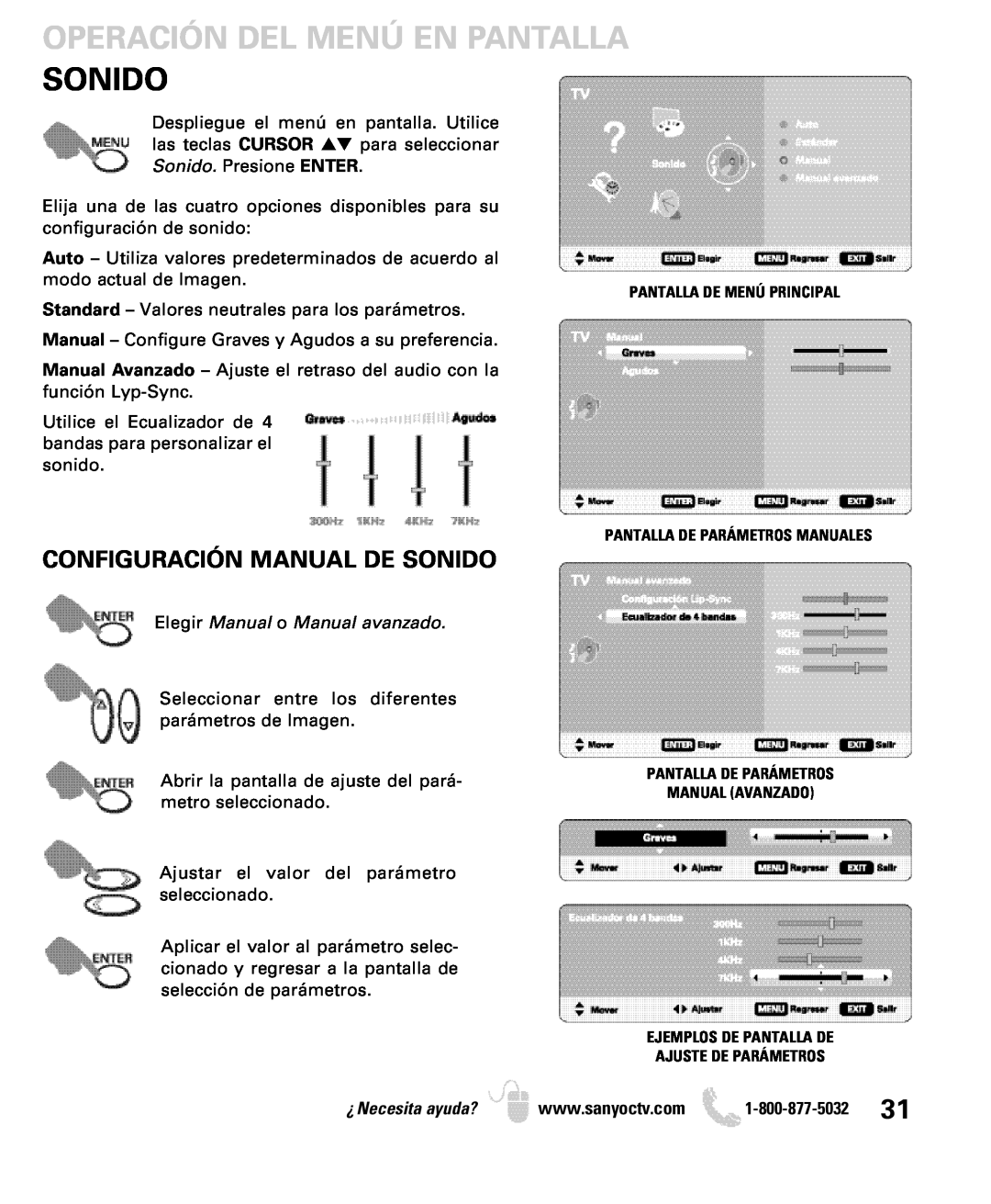 Sanyo DP19649, DP26649 Configuración Manual De Sonido, Operación Del Menú En Pantalla, Elegir Manual o Manual avanzado 