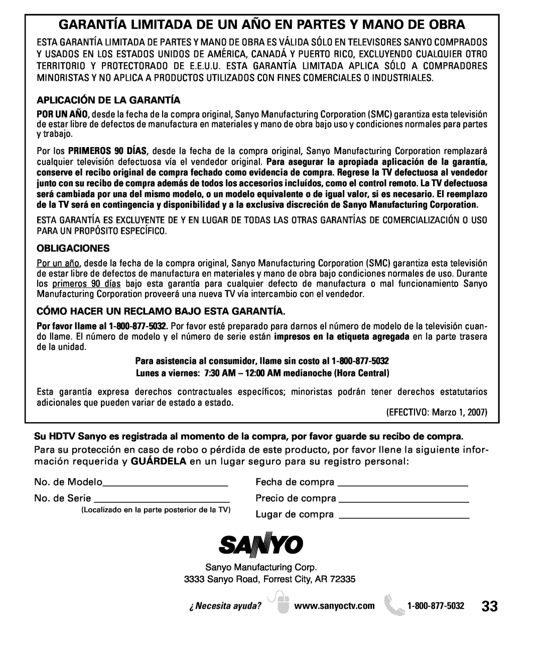 Sanyo DP19649, DP26649 Garantía Limitada De Un Año En Partes Y Mano De Obra, Aplicación De La Garantía, Obligaciones 