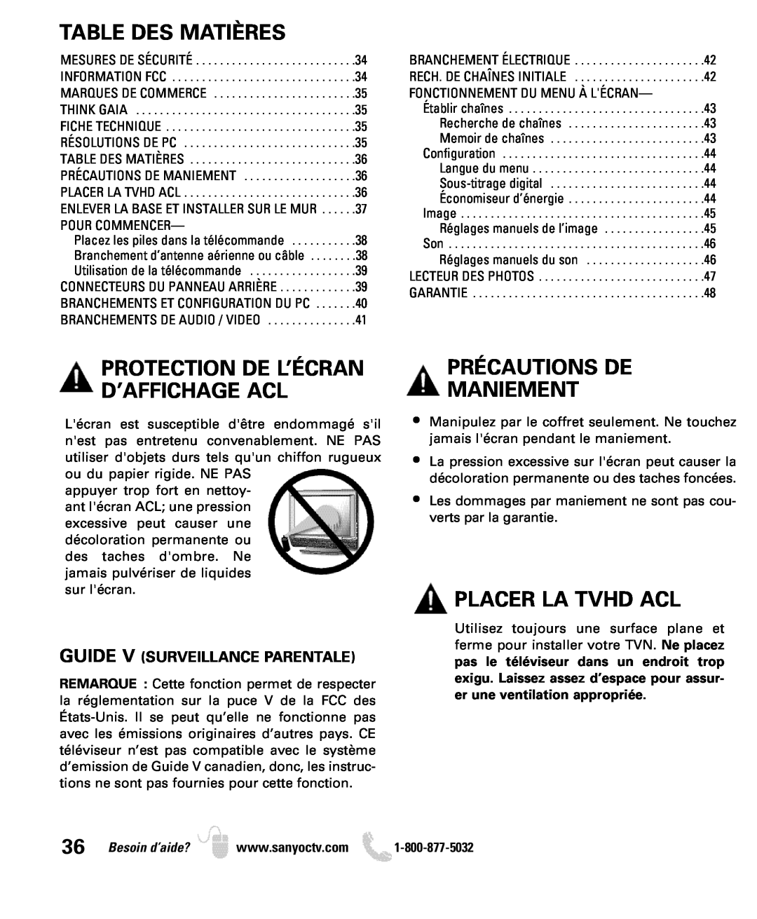 Sanyo DP26649, DP19649 Table Des Matières, Précautions De Maniement, Placer La Tvhd Acl, Guide V Surveillance Parentale 