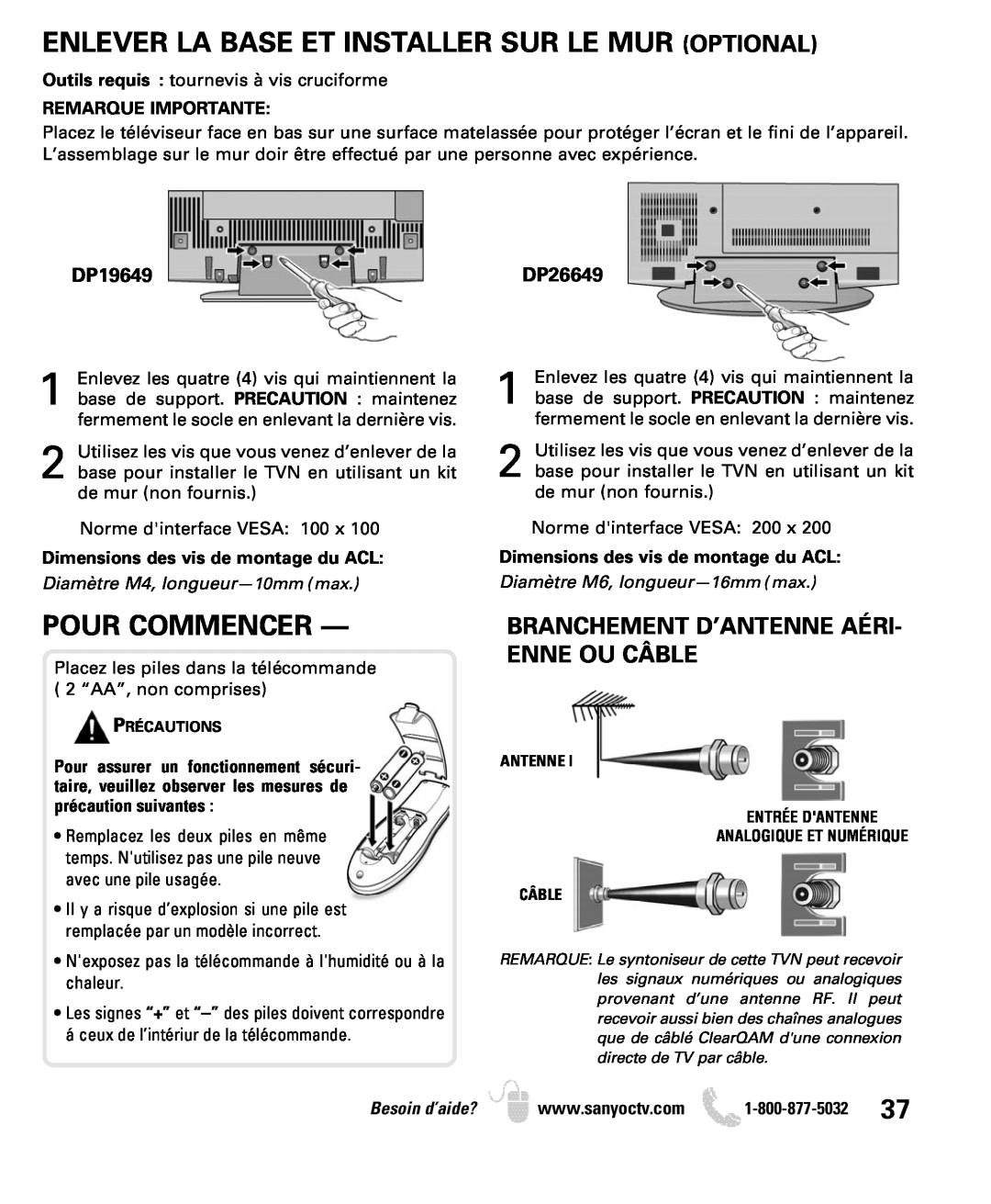 Sanyo DP19649 Enlever La Base Et Installer Sur Le Mur Optional, Pour Commencer, Branchement D’Antenne Aéri- Enne Ou Câble 