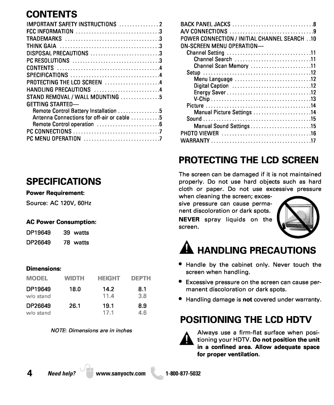 Sanyo DP26649 Contents, Specifications, Protecting The Lcd Screen, Handling Precautions, Positioning The Lcd Hdtv, Model 
