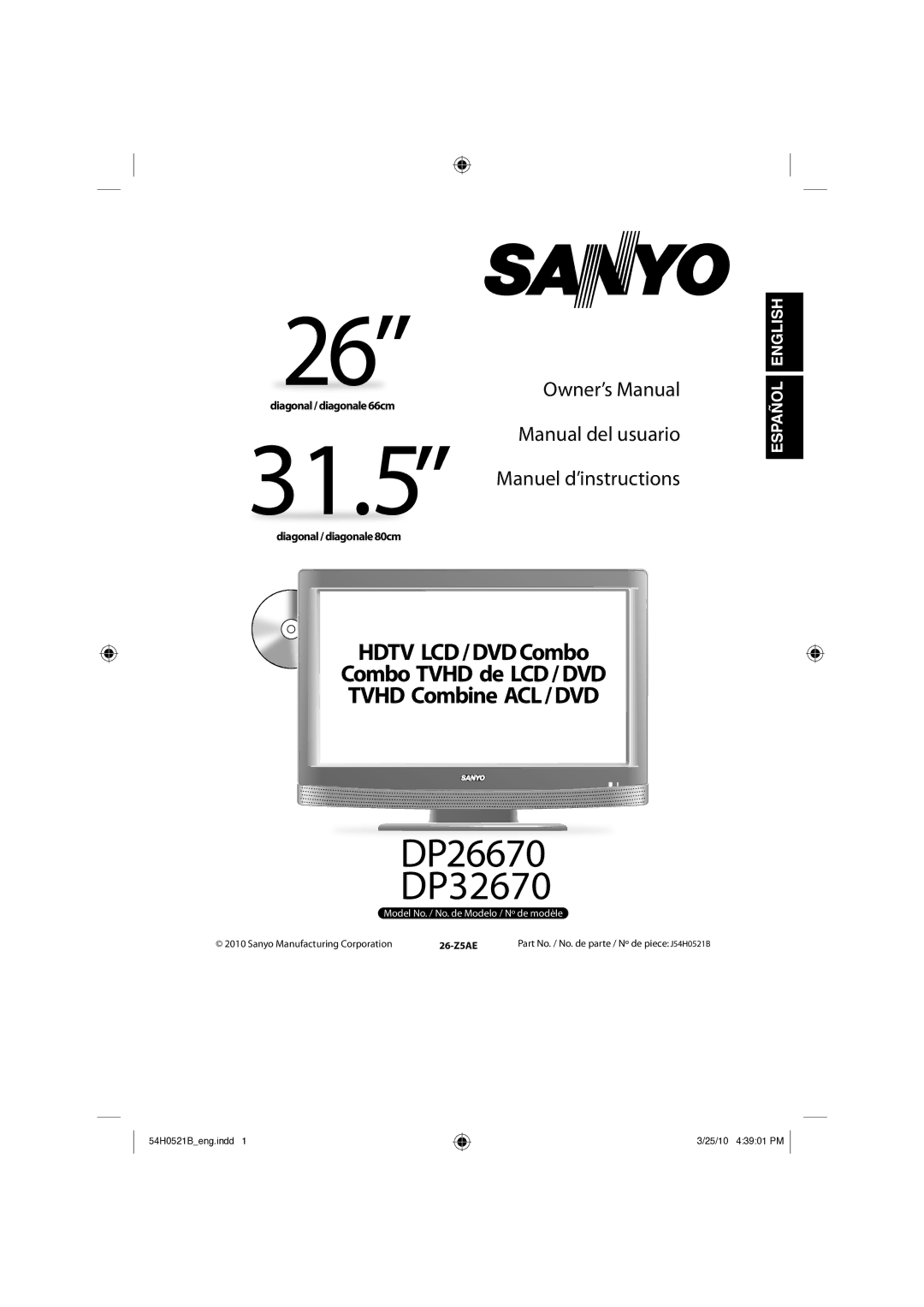 Sanyo DP32670, DP26670 owner manual Diagonal /diagonale66cm, Diagonal /diagonale80cm 