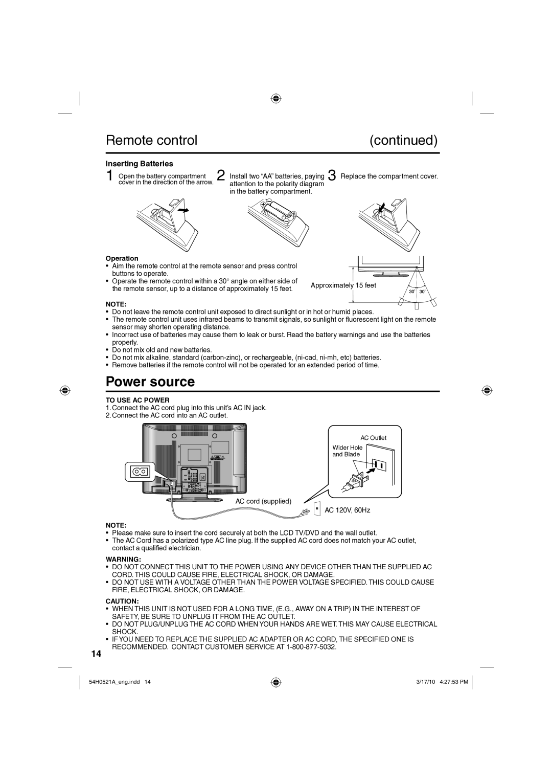 Sanyo DP26670, DP32670 owner manual Power source, Inserting Batteries, Operation, To USE AC Power 