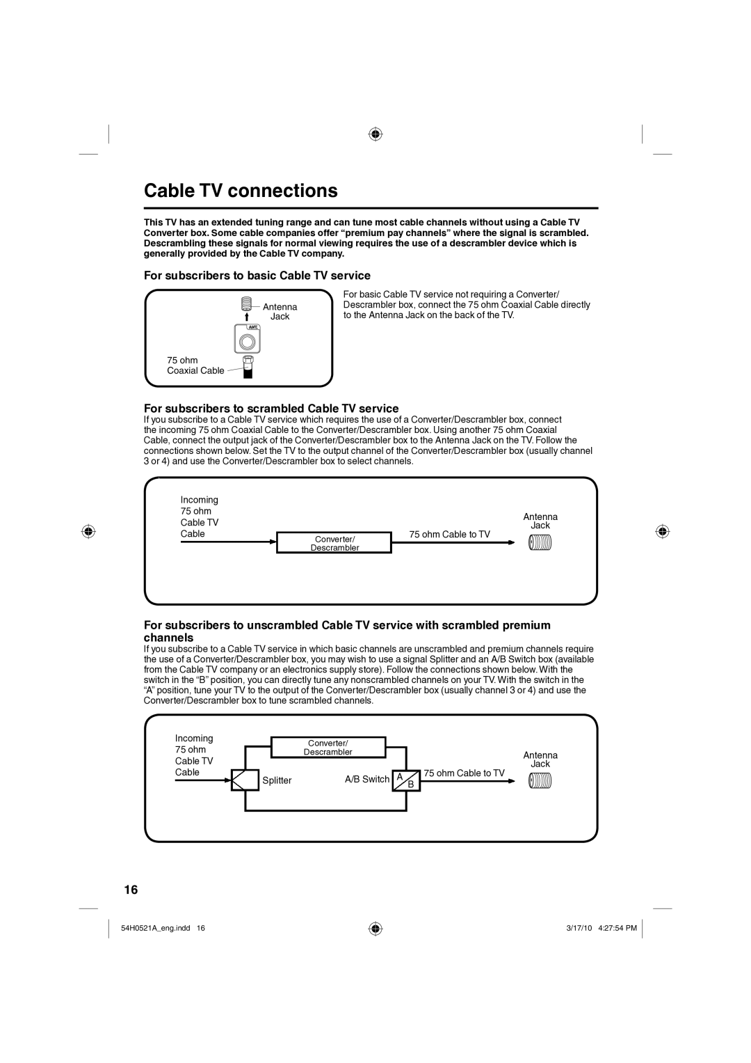 Sanyo DP26670, DP32670 owner manual Cable TV connections 