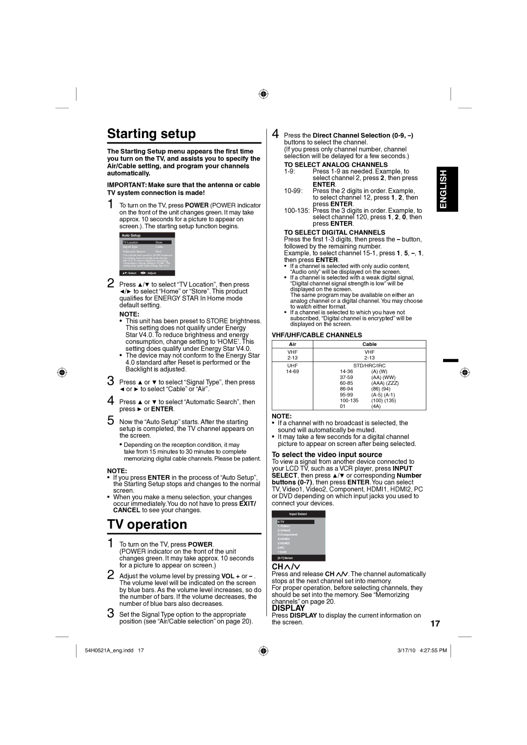 Sanyo DP32670, DP26670 owner manual TV operation, To select the video input source 