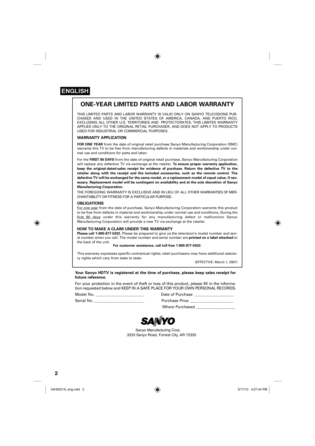 Sanyo DP26670, DP32670 Warranty Application, Obligations, HOW to Make a Claim Under this Warranty, Model No, Serial No 