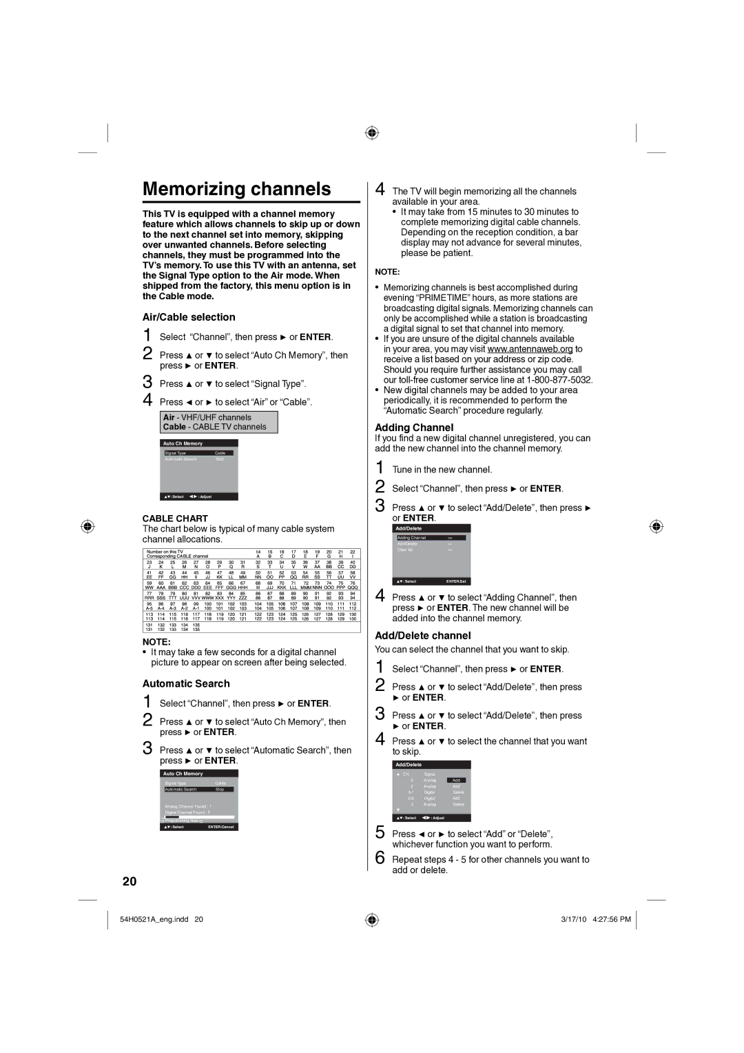 Sanyo DP26670, DP32670 Memorizing channels, Air/Cable selection, Automatic Search, Adding Channel, Add/Delete channel 