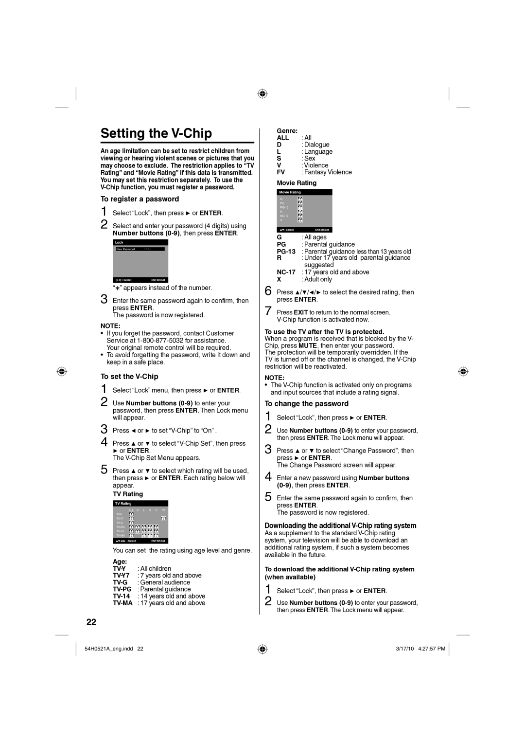 Sanyo DP26670, DP32670 Setting the V-Chip, To register a password, To set the V-Chip, To change the password, All 