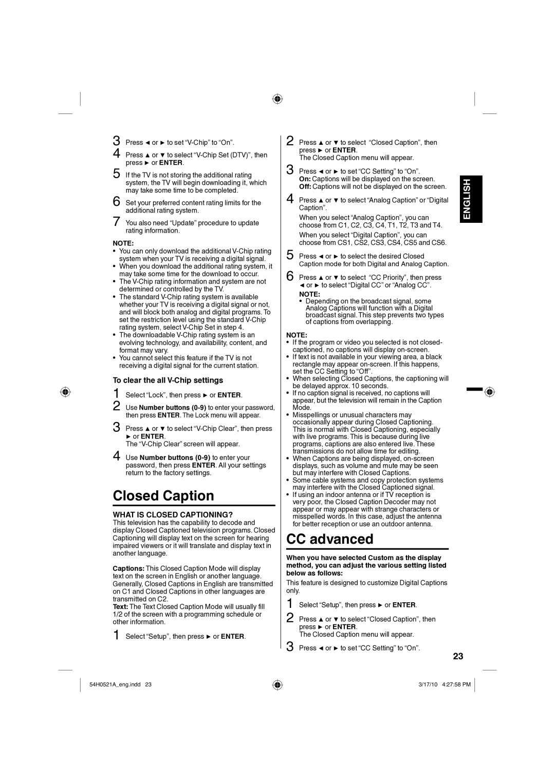 Sanyo DP32670, DP26670 owner manual Closed Caption, CC advanced, To clear the all V-Chip settings 