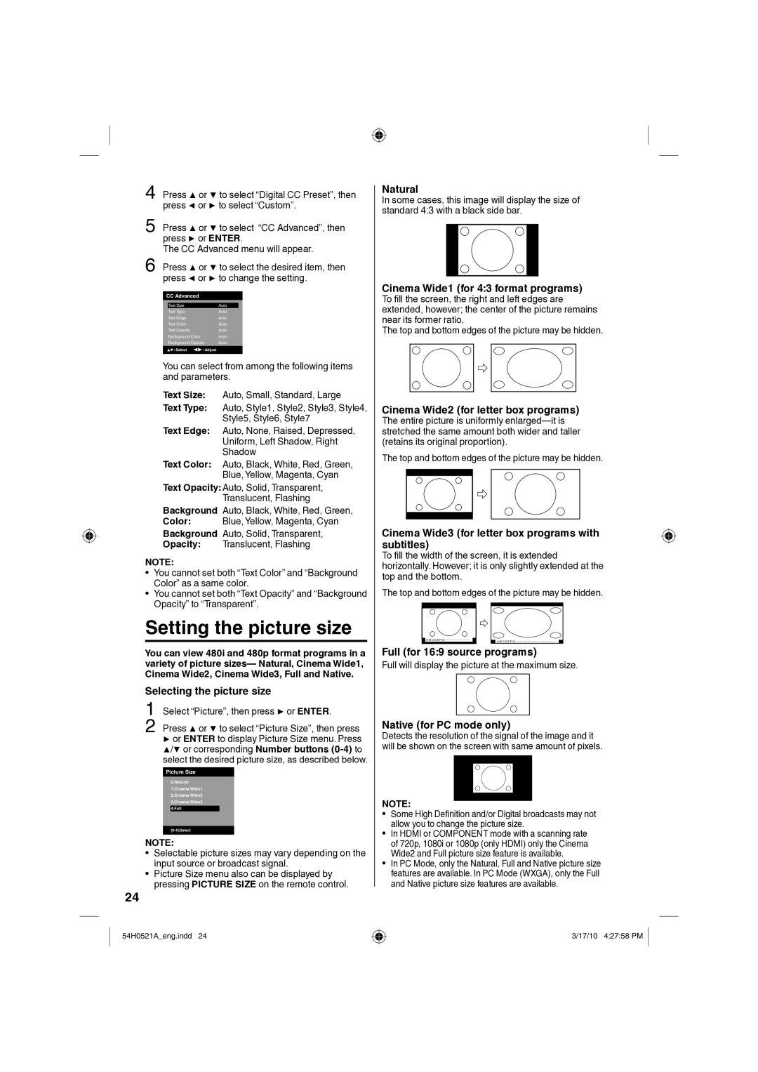 Sanyo DP26670, DP32670 owner manual Setting the picture size 